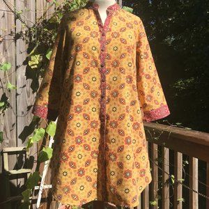 April Cornell Mussoorie Tunic Indigo Print Shirt Dress Cotton Mustard EUC